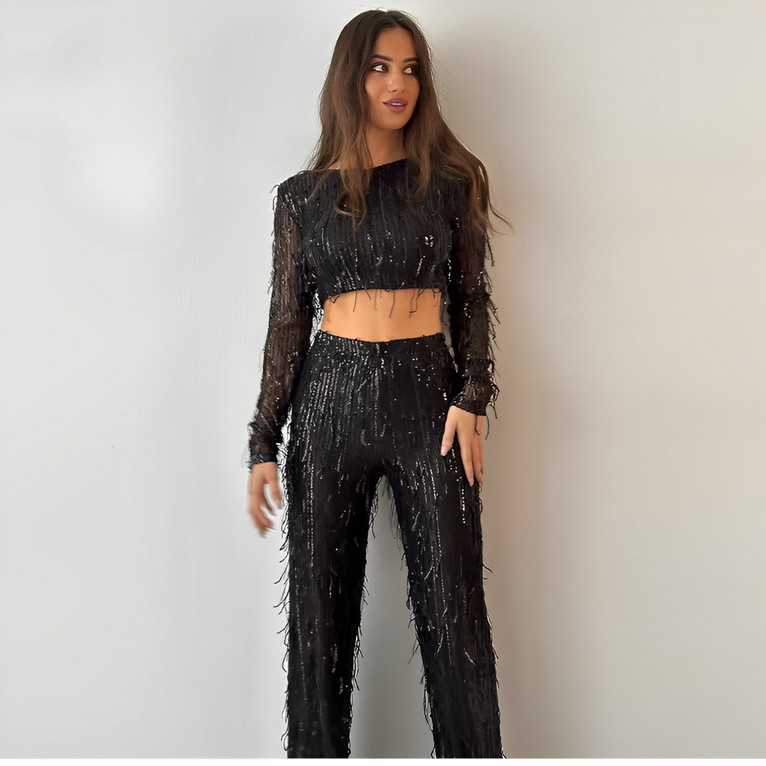 Coraline | Glam Sequin Crop Top and Wide-Leg Pants Outfit