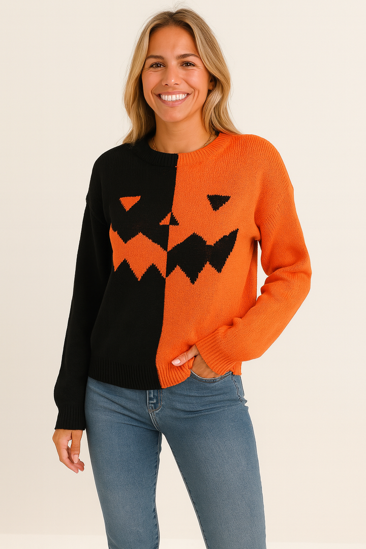 Victoria | Jack O’ Lantern Sweater with Colorblock Design