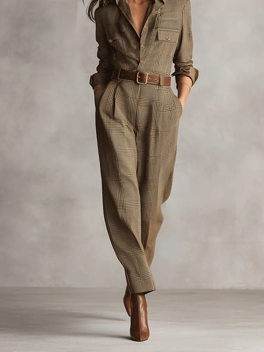 Galene | Elegant Structured Plaid Tweed-Style Jumpsuit