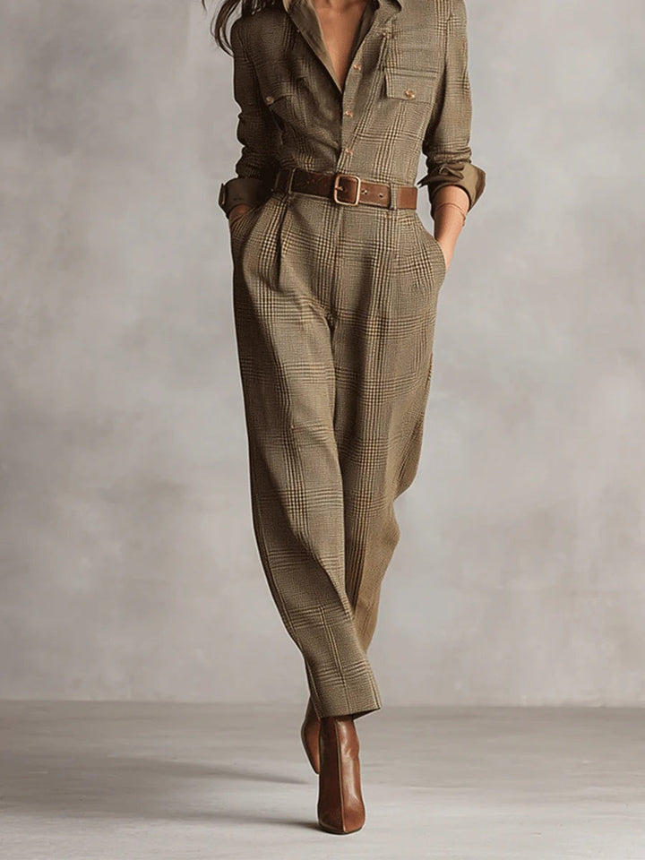 Galene | Elegant Structured Plaid Tweed-Style Jumpsuit