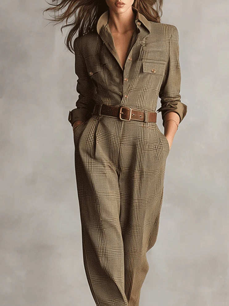 Galene | Elegant Structured Plaid Tweed-Style Jumpsuit
