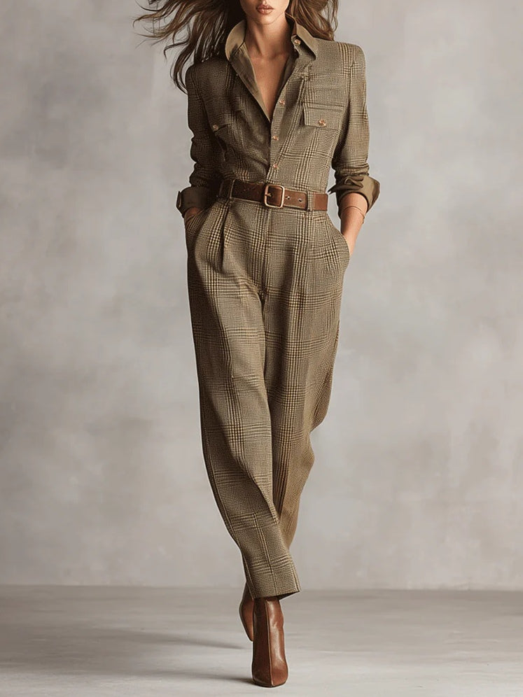 Galene | Elegant Structured Plaid Tweed-Style Jumpsuit