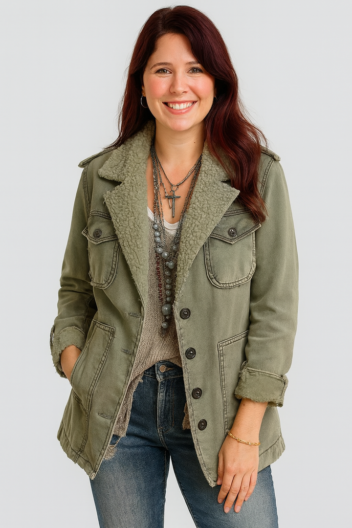 Zinniah | Vintage Inspired Utility Jacket with Sherpa Trim