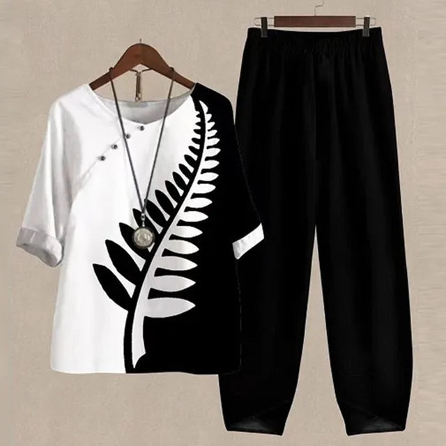 Ione | Trendy Two-Piece Printed Top and Loose Pants