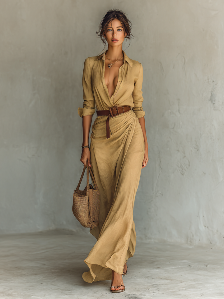 Marcella | Elegant Maxi Dress with Belt and Classic Lapel Collar