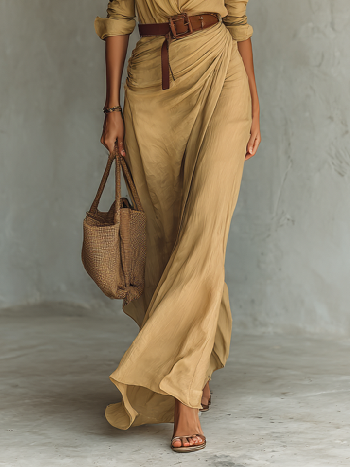 Marcella | Elegant Maxi Dress with Belt and Classic Lapel Collar