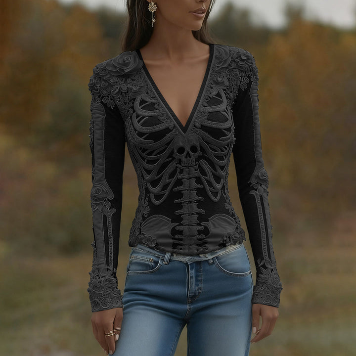 Arwen | Halloween Skeleton Bones Printed V-Neck Shirt