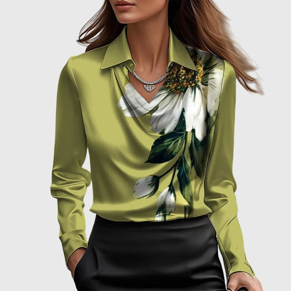 Sylvie | Chic Glossy Pleated-Neck Blouse