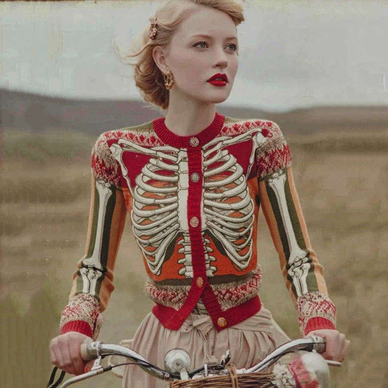 Sabella | Artistic Skeleton-Inspired Vintage Button Cardigan