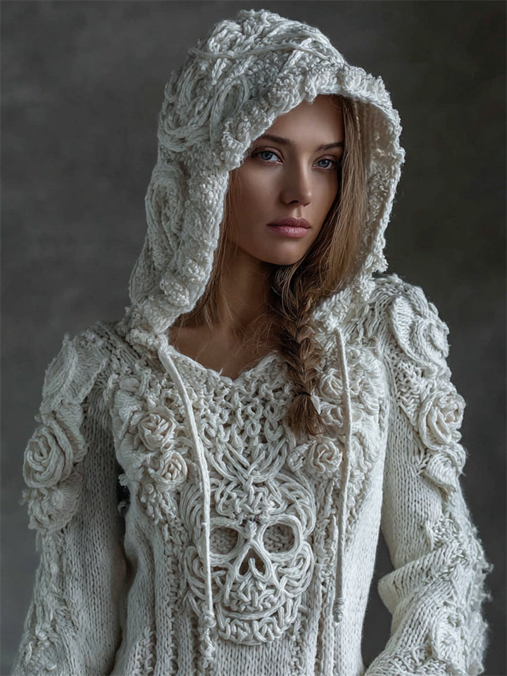 Maelis | Vintage Celtic Skull Embroidered Hooded Knit Sweater