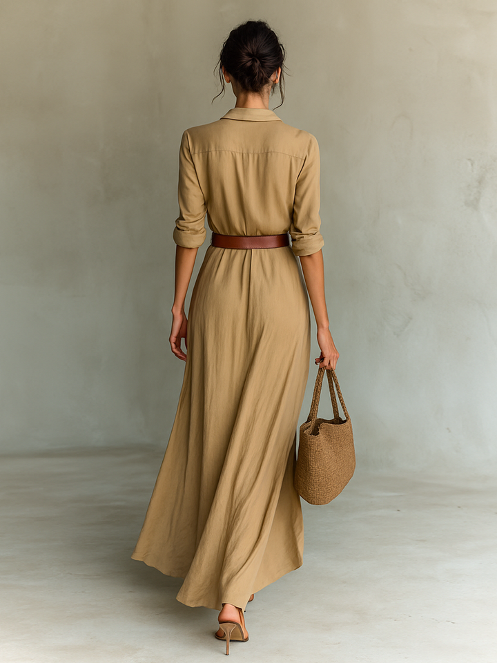 Marcella | Elegant Maxi Dress with Belt and Classic Lapel Collar