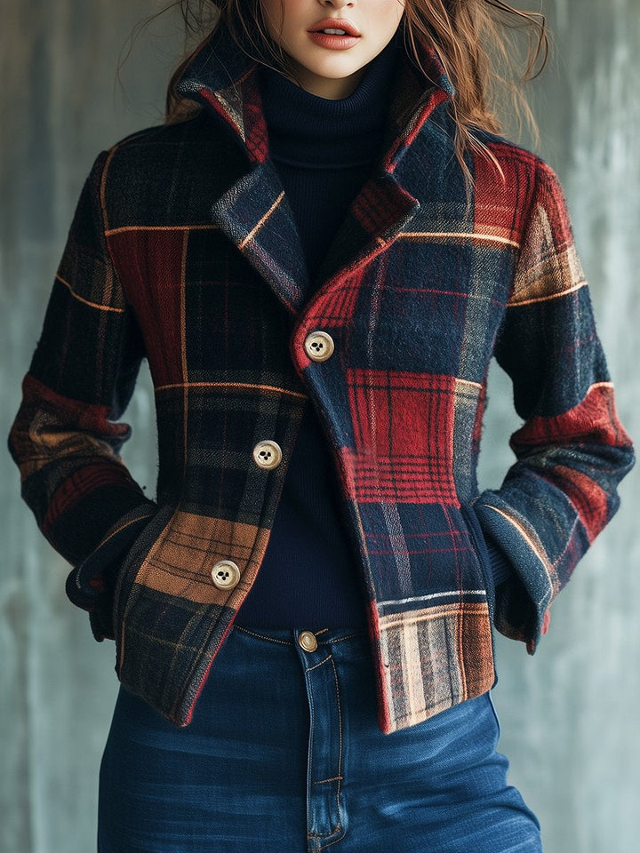 Noelle | Vintage Plaid Jacket with Stand Collar