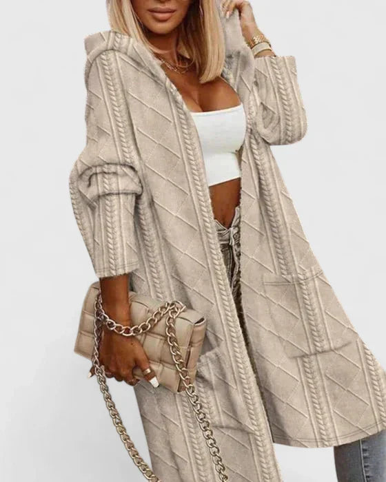 Lucienne | Elegant Long Patterned Hooded Cardigan