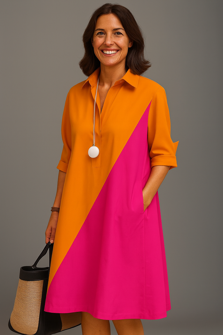 Helene | Modern Two-Tone Midi Dress with Pockets