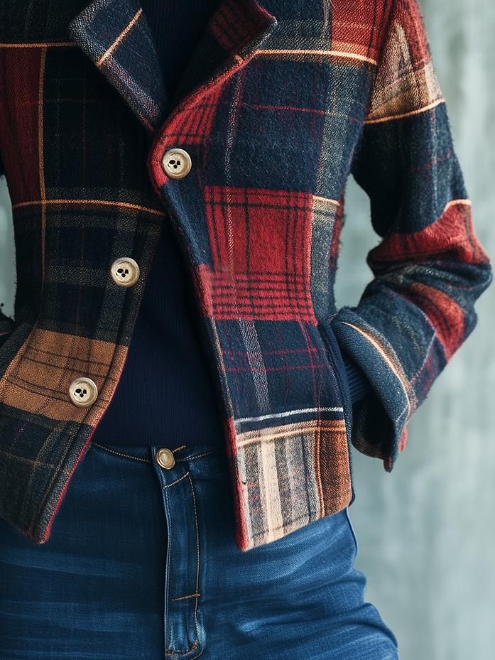 Noelle | Vintage Plaid Jacket with Stand Collar